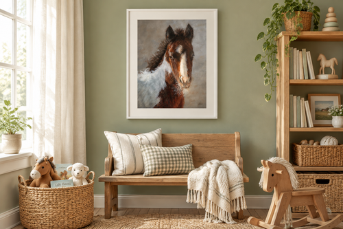 Whiskers foal fine art print displayed in a farmhouse living room