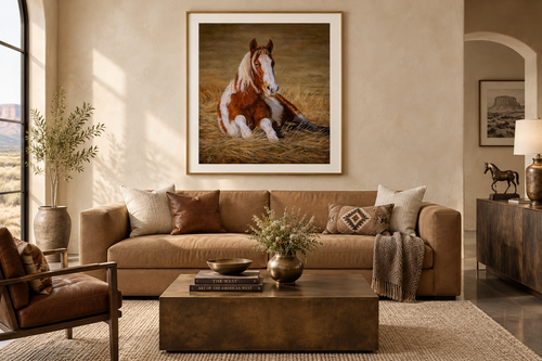 Field of Dreams foal fine art print displayed in a modern Western living room