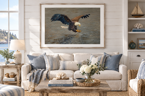Flying Solo bald eagle fine art print displayed in a coastal beach house living room