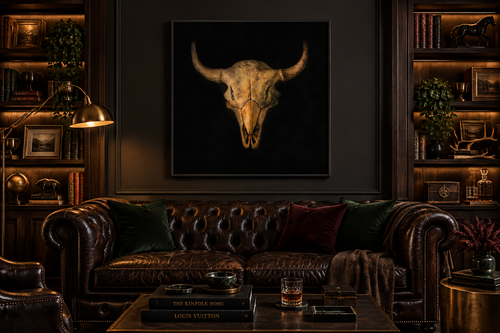 Spirit Whispers bison skull fine art print displayed in a moody sophisticated study